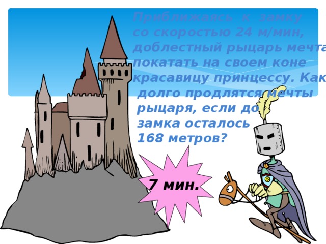 Приближаясь к замку со скоростью 24 м/мин, доблестный рыцарь мечтает покатать на своем коне красавицу принцессу. Как  долго продлятся мечты  рыцаря, если до  замка осталось  168 метров? 7 мин.