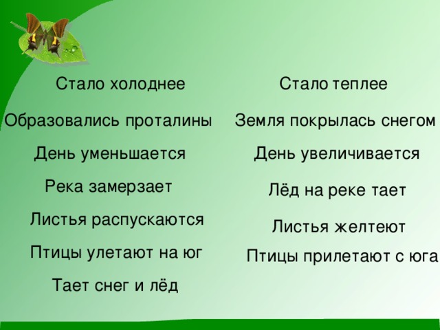 Стало холоднее Стало  теплее Образовались проталины Земля покрылась снегом День уменьшается День увеличивается Река замерзает Лёд на реке тает Листья распускаются Листья желтеют Птицы улетают на юг Птицы прилетают с юга Тает снег и лёд