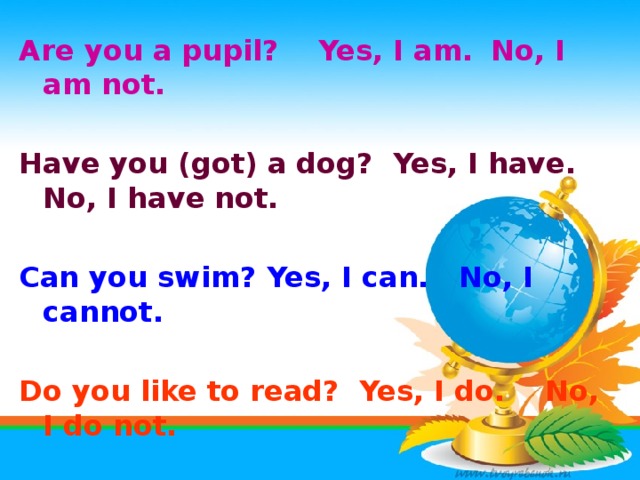 Are you a pupil? Yes, I am.  No, I am not.  Have you (got) a dog? Yes, I have. No, I have not.  Can you swim? Yes, I can.  No, I cannot.  Do you like to read? Yes, I do. No, I do not.