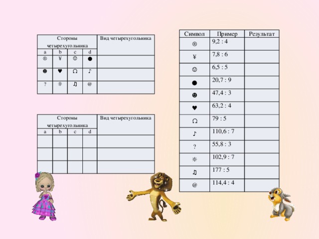 Символ Пример ® ¥ 9,2 : 4 Результат ☺ 7,8 : 6 6,5 : 5 ● ☻ 20,7 : 9 ♥ 47,4 : 3 63,2 : 4 Ω 79 : 5 ♪ 110,6 : 7 ۩ 55,8 : 3 ☼ 102,9 : 7 ♫ 177 : 5 @ 114,4 : 4 Стороны четырехугольника a b ® c ☻ ¥ d ☺ Вид четырехугольника ۩ ♥ ● Ω ☼ ♪ ♫ @ Стороны четырехугольника a b c Вид четырехугольника d Таблица №1 – секретный код; таблица №2 – расшифровка кодов; таблица №3 – для заполнения