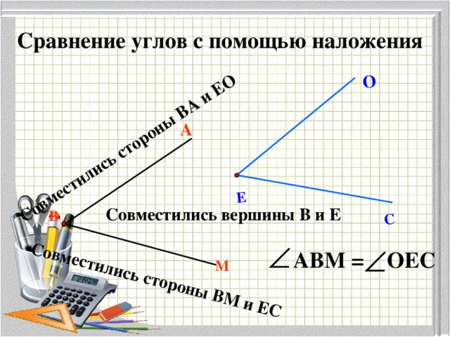 Совместились стороны ВА и ЕО Е Совместились стороны ВМ и ЕС С О Сравнение углов с помощью наложения А Совместились вершины В и Е В АВМ = ОЕС М