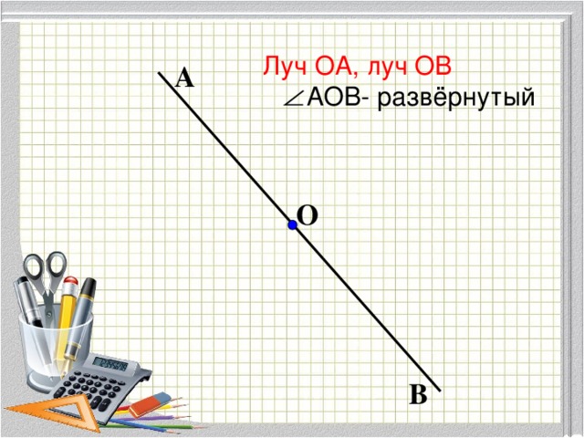 Луч ОА, луч ОВ  АОВ- развёрнутый А О В