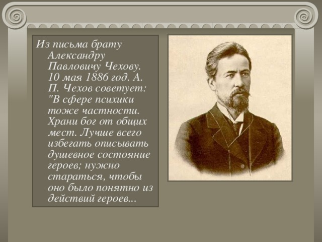 Из письма брату Александру Павловичу Чехову. 10 мая 1886 год. А. П. Чехов советует: 