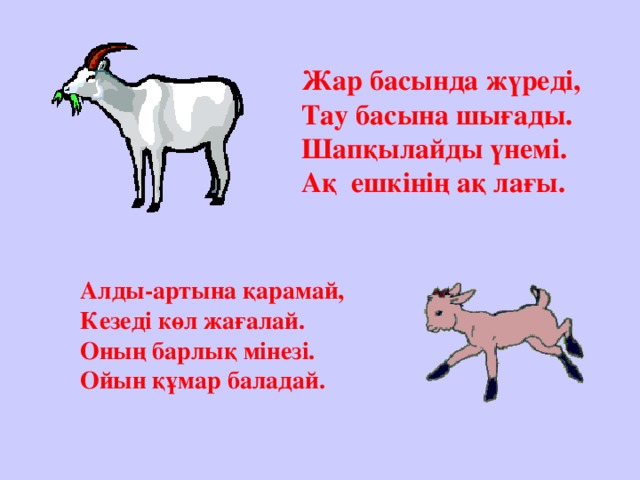 Жар басында жүреді, Тау басына шығады. Шапқылайды үнемі. Ақ ешкінің ақ лағы. Алды-артына қарамай, Кезеді көл жағалай. Оның барлық мінезі. Ойын құмар баладай.