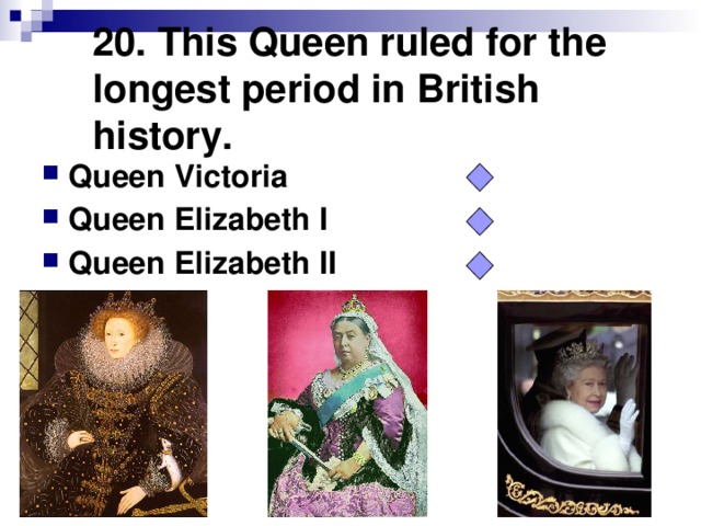 20. This Queen ruled for the longest period in British history.