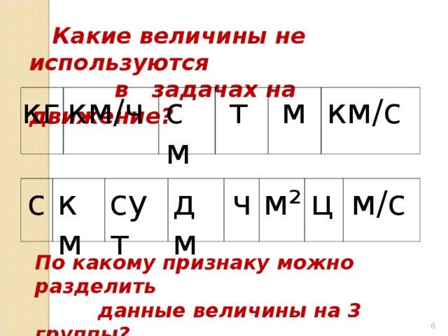 Какие величины не используются  в задачах на движение? км / ч см т м км / с кг ч м / с дм км ц м² сут с По какому признаку можно разделить  данные величины на 3 группы?