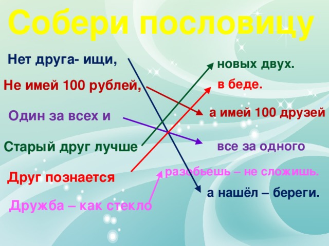 Пословица не имей. Собери пословицу нет друга. Пословица не имей 100 рублей а имей 100 друзей пословица. Не имей 100 рублей а имей 100 друзей. Собери пословицы как найти друга.