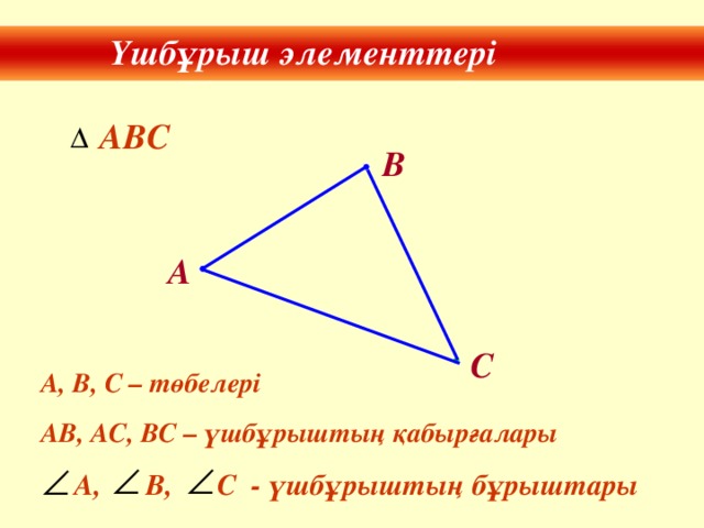 Үшбұрыш элементтері АВС В А С А, В, С – төбелері АВ, АС, ВС – үшбұрыштың қабырғалары  A , В, С - үшбұрыштың бұрыштары