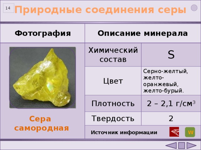 Природные соединения серы 13  Фотография Описание минерала Химический состав S Цвет Серно-желтый, желто-оранжевый, желто-бурый. Плотность 2 – 2,1 г/см 3 Твердость 2 Сера самородная Источник информации W