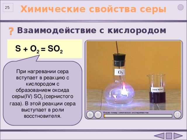 Химические свойства серы 25 Взаимодействие с кислородом  ?  S + О 2 = SO 2  При нагревании сера вступает в реакцию с кислородом с образованием оксида серы(IV) SO 2 (сернистого газа). В этой реакции сера выступает в роли восстновителя. Видео плеер химических экспериментов . 25