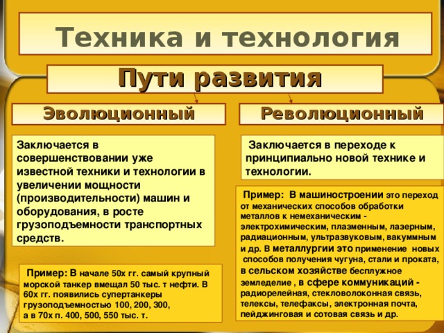 Техника и технология   Пути развития Эволюционный Революционный Заключается в совepшенствовании уже известной техники и технологии в увеличении мощности (производительности) машин и оборудования, в росте грузоподъемности транспортных средств.  Заключается в переходе к nринципиально новой технике и тexнологии.   Пример: В машиностроении это переход от механических способов обработки металлов к немеханическим - электрохимическим, плазменным, лазерным, радиационным, ультразвуковым, вакуммным и др. В металлургии это применение новых способов получения чугуна, стали и проката, в сельском xoзяйстве бесплужное земледелие , в сфере коммуникаций - paдиорелейная, стекловолоконная связь, телексы, телефаксы, электронная почта, пейджинговая и сотовая связь и др.   Пример: В начале 50x гг. самый крупный морской танкер вмещал 50 тыс. т нефти. В 60x гг. появились супертанкеры грузоподъемностью 100, 200, 300,  а в 70x п. 400, 500, 550 тыс. т.