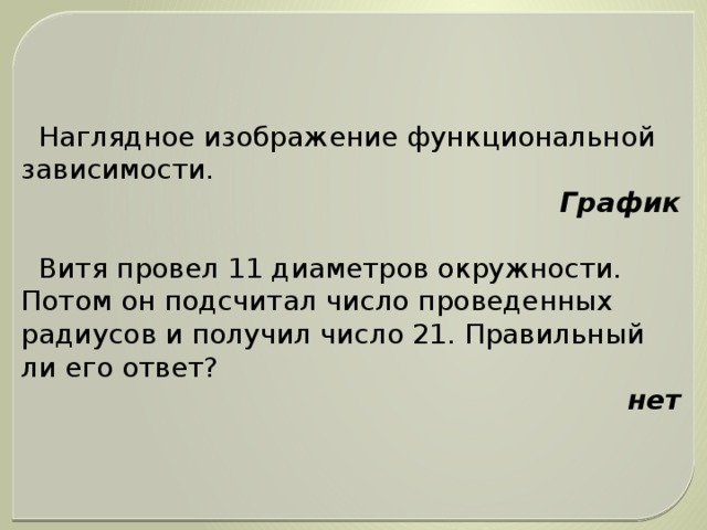 Наглядное изображение функциональной зависимости. График  Витя провел 11 диаметров окружности. Потом он подсчитал число проведенных радиусов и получил число 21. Правильный ли его ответ? нет