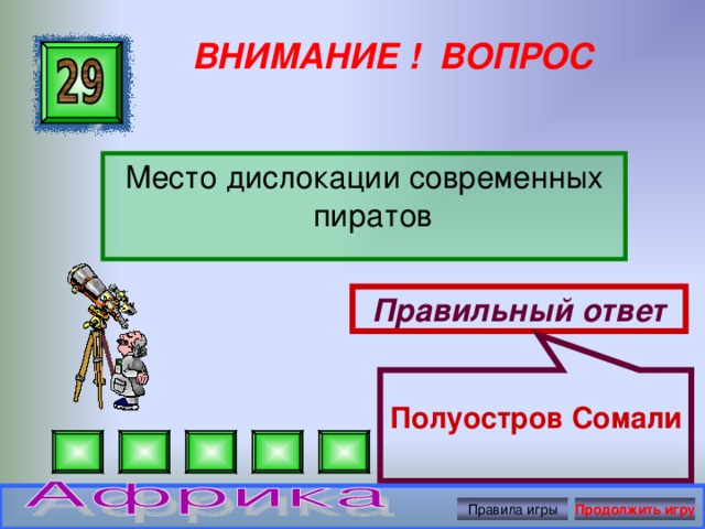 Полуостров Сомали ВНИМАНИЕ ! ВОПРОС Место дислокации современных пиратов Правильный ответ Правила игры Продолжить игру