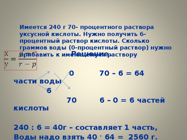 Имеется 240 г 70- процентного раствора уксусной кислоты. Нужно получить 6- процентный раствор кислоты. Сколько граммов воды (0-процентный раствор) нужно прибавить к имеющемуся раствору Решение.   0 70 – 6 = 64 части воды  6  70 6 – 0 = 6 частей кислоты  240 : 6 = 40г – составляет 1 часть, Воды надо взять 40 ˑ 64 = 2560 г.