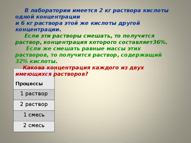 В лаборатории имеется 2 кг раствора кислоты одной концентрации  и 6 кг раствора этой же кислоты другой концентрации.    Если эти растворы смешать, то получится раствор, концентрация которого составляет36%.   Если же смешать равные массы этих растворов, то получится раствор, содержащий 32% кислоты.   Какова концентрация каждого из двух имеющихся растворов?   Процессы 1 раствор 2 раствор 1 смесь 2 смесь