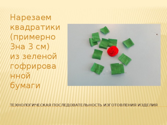 Нарезаем квадратики (примерно 3на 3 см) из зеленой гофрированной бумаги Технологическая последовательность изготовления изделия