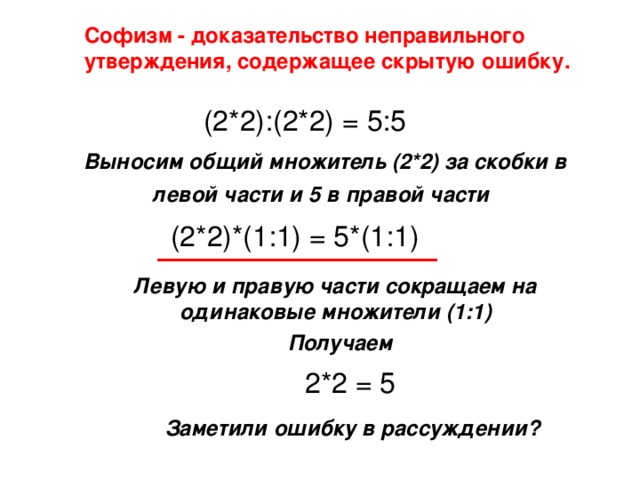 Софизм - доказательство неправильного утверждения, содержащее скрытую ошибку. (2*2):(2*2) = 5:5 Выносим общий множитель (2*2) за скобки в левой части и 5 в правой части  (2*2)*(1:1) = 5*(1:1) Левую и правую части сокращаем на одинаковые множители (1:1) Получаем 2*2 = 5 Заметили ошибку в рассуждении?