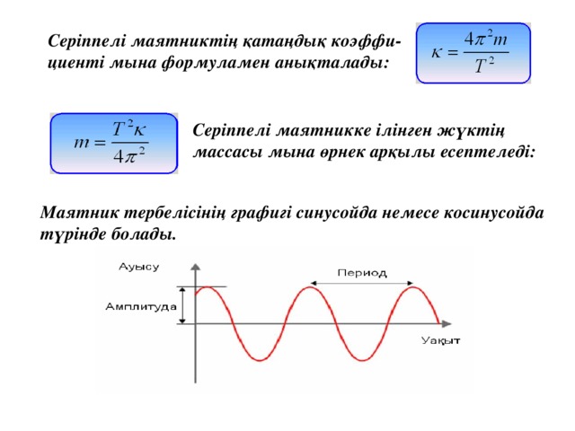 Серіппелі маятниктің қатаңдық коэффи- циенті мына формуламен анықталады: Серіппелі маятникке ілінген жүктің массасы мына өрнек арқылы есептеледі: Маятник тербелісінің графигі синусойда немесе косинусойда түрінде болады.