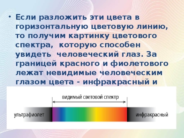 Если разложить эти цвета в горизонтальную цветовую линию, то получим картинку цветового спектра,  которую способен увидеть  человеческий глаз. За границей красного и фиолетового лежат невидимые человеческим глазом цвета - инфракрасный и ультрафиолет.