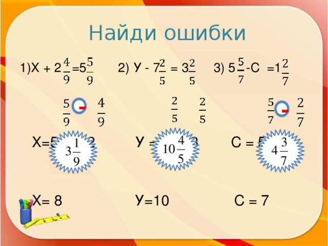 Найди ошибки 1)Х + 2 =5 2) У - 7 = 3 3) 5 -С =1  Х=5 + 2 У = 7 +3 С = 5 +1  Х= 8 У=10 С = 7  - -