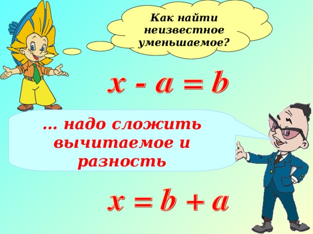 Как найти неизвестное уменьшаемое?  … надо сложить вычитаемое и разность