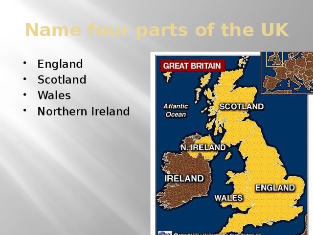 Name four parts of the UK