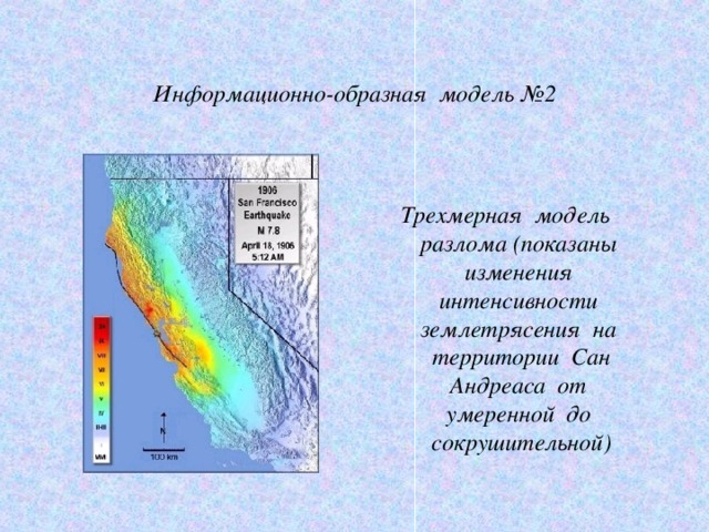 Информационно-образная модель №2 Трехмерная модель разлома (показаны изменения интенсивности землетрясения на территории Сан Андреаса от умеренной до сокрушительной)