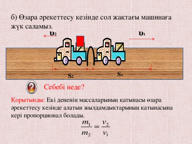 б) Өзара әрекеттесу кезінде сол жақтағы машинаға жүк саламыз.   υ 2 υ 1 S 1 S 2 Себебі неде? Қорытынды: Екі дененің массаларының қатынасы өзара әрекеттесу кезінде алатын жылдамдықтарының қатынасына кері пропорционал болады.