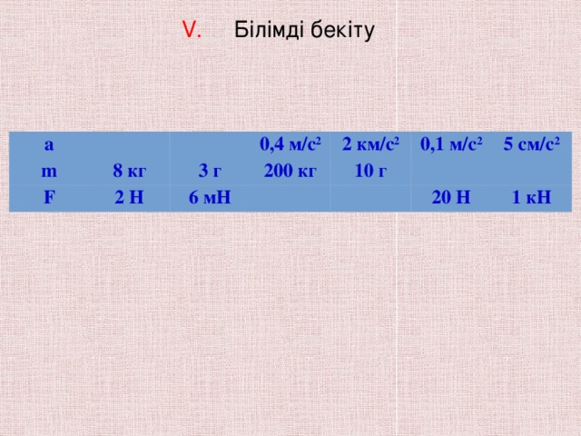 V. Білімді бекіту a m 8 кг F 0,4 м/с 2 2 Н 3 г 200 кг 6 мН 2 км/с 2 0,1 м/с 2 10 г 5 см/с 2 20 Н 1 кН