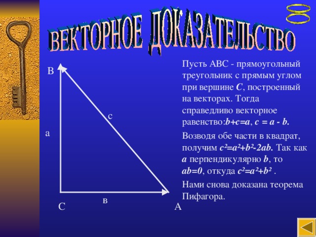 Пусть АВС - прямоугольный треугольник с прямым углом при вершине С , построенный на векторах. Тогда справедливо векторное равенство: b+c=a , c = a - b.  Возводя обе части в квадрат, получим c²=a²+b²-2ab. Так как a перпендикулярно b , то ab=0 , откуда c²=a²+b² . Нами снова доказана теорема Пифагора. В с a в А С