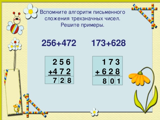 Вспомните алгоритм письменного сложения трехзначных чисел.  Решите примеры.  256+472 173+628    1 7 3  2 5 6 +4 7 2 + 6 2 8   2 8  7 0 1  8