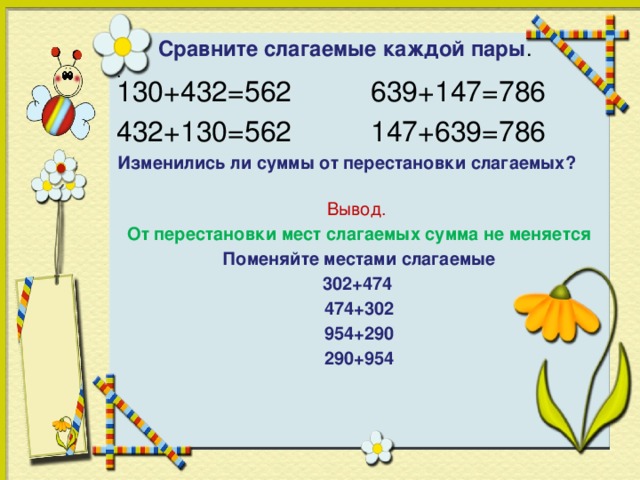 Сравните слагаемые каждой пары .  .   130+432=562 639+147=786 432+130=562 147+639=786 Изменились ли суммы от перестановки слагаемых?   Вывод.  От перестановки мест слагаемых сумма не меняется Поменяйте местами слагаемые  302+474 474+302 954+290 290+954