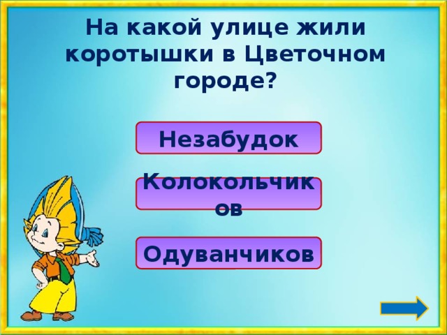 На какой улице жили коротышки в Цветочном городе? Незабудок Колокольчиков Одуванчиков