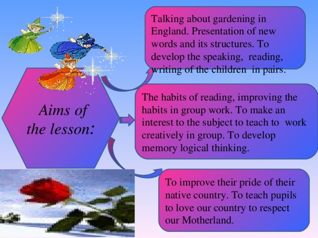 Talking about gardening in England. Presentation of new words and its structures.  To develop the speaking , reading , writing of the children  in pairs.  Aims of the lesson : The habits of reading , improving the habits in group work. To make an interest to the subject to teach to  work creatively in group. To develop memory logical thinking . To improve their pride of their native country. To teach pupils to love our country to respect our Motherland.