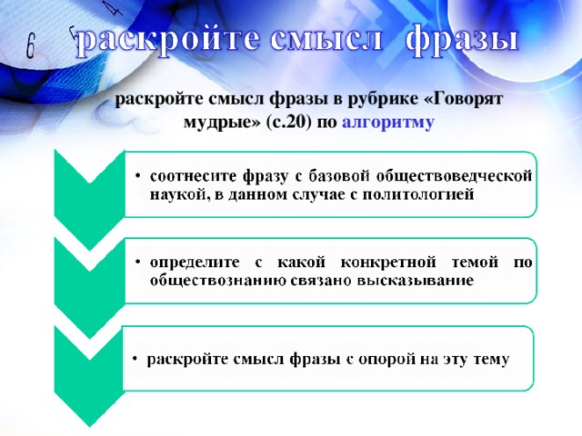 раскройте смысл фразы в рубрике «Говорят мудрые» (с.20) по алгоритму