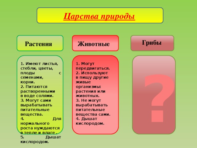 Царства природы Грибы Растения Животные  ? 1. Могут 1. Имеют листья, стебли, цветы, передвигаться. 2. Используют плоды с семенами, корни. в пищу другие 2. Питаются живые организмы: растворенными растения или в воде солями. животных. 3. Могут сами 3. Не могут вырабатывать вырабатывать питательные питательные вещества. вещества сами. 4. Для нормального 4. Дышат кислородом. роста нуждаются в тепле и влаге . 5. Дышат кислородом.