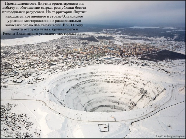 Промышленность  Якутии ориентирована на добычу и обогащение сырья, республика богата природными ресурсами. На территории Якутии находится крупнейшее в стране Эльконское урановое месторождение с разведанными запасами около 344 тысяч тонн. В 2011 году начата отгрузка угля с крупнейшего в России Эльгинского угольного месторождения.