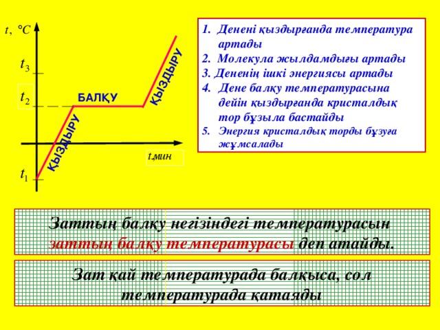 ҚЫЗДЫРУ ҚЫЗДЫРУ 1. Денені қыздырғанда температура артады 2. Молекула жылдамдығы артады 3. Дененің ішкі энергиясы артады Дене балқу температурасына дейін қыздырғанда кристалдық тор бұзыла бастайды Энергия кристалдық торды бұзуға жұмсалады   БАЛҚУ Заттың балқу негізіндегі температурасын заттың балқу температурасы деп атайды. Зат қай температурада балқыса, сол температурада қатаяды