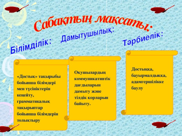 Достыққа, бауырмалдыққа, адамгершілікке  баулу   Оқушылардың коммуникативтік дағдыларын дамыту және тілдік қорларын байыту. «Достық » тақырыбы бойынша білімдері мен түсініктерін кеңейту, грамматикалық тақырыптар бойынша білімдерін толықтыру