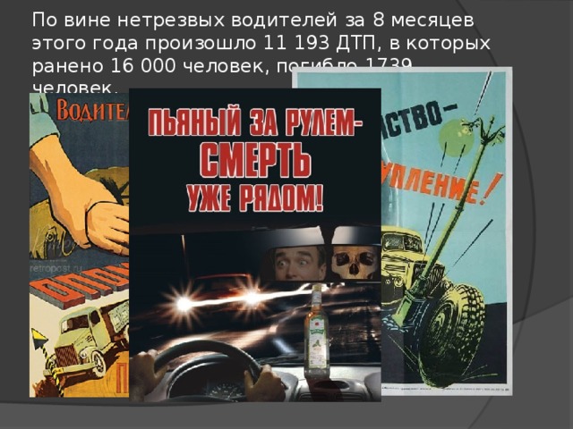 По вине нетрезвых водителей за 8 месяцев этого года произошло 11 193 ДТП, в которых ранено 16 000 человек, погибло 1739 человек.