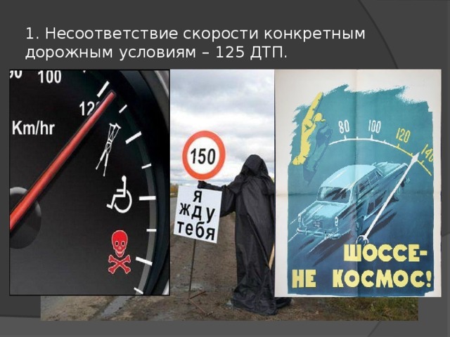 1. Несоответствие скорости конкретным дорожным условиям – 125 ДТП.