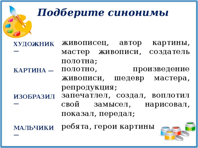 Подберите синонимы живописец, автор картины, мастер живописи, создатель полотна; ХУДОЖНИК — полотно, произведение живописи, шедевр мастера, репродукция; КАРТИНА — запечатлел, создал, воплотил свой замысел, нарисовал, показал, передал; ИЗОБРАЗИЛ — ребята, герои картины МАЛЬЧИКИ —