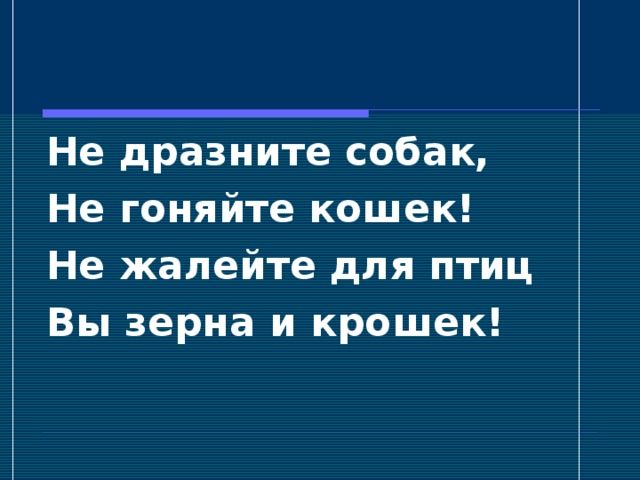 Не дразните собак, Не гоняйте кошек! Не жалейте для птиц Вы зерна и крошек!