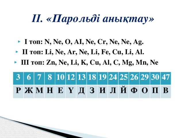 ІІ. «Парольді анықтау»    І топ: N, Ne, O, AI, Ne, Cr, Ne, Ne, Ag.                 ІІ топ: Li, Ne, Ar, Ne, Li, Fe, Cu, Li, Al.                  ІІІ топ: Zn, Ne, Li, K, Cu, Al, C, Mg, Mn, Ne          3 Р 6 Ж 7 8 М 10 Н Е 12 Ү 13 18 Д 19 З И 24 25 Л Й 26 Ф 29 О 30 47 П В