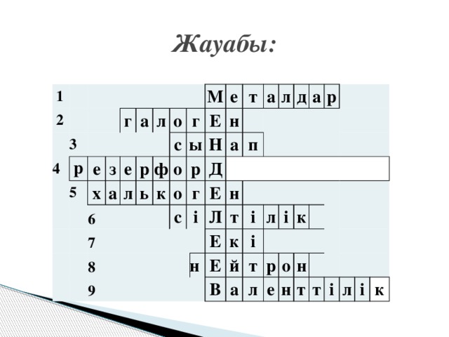 Жауабы:   1   2 4 3 р е 5 г а з   х л а 6   е   р о 7 л ф   ь 8 с г о к ы 9 М о е р Е с н Н г т а і а Д Е л п н д Л н т а Е к і р Е л й В і т і а р к л о е н н т т і л і к