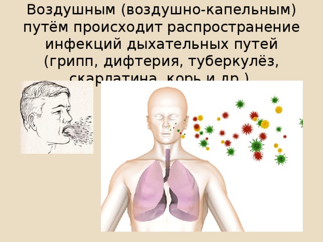 Воздушным (воздушно-капельным) путём происходит распространение инфекций дыхательных путей (грипп, дифтерия, туберкулёз, скарлатина, корь и др.).