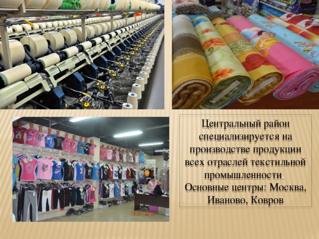 Центральный район специализируется на производстве продукции всех отраслей текстильной промышленности .  Основные центры: Москва, Иваново, Ковров