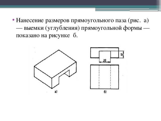 Нанесение размеров прямоугольного паза (рис. а) — выемки (углубления) прямоугольной формы — показано на рисунке б.