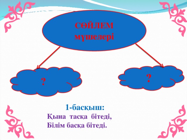 СӨЙЛЕМ мүшелері ? ?  1-басқыш: Қына тасқа бітеді, Білім басқа бітеді.