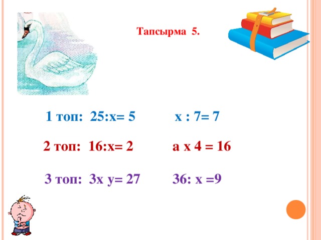 Тапсырма 5.  1 топ: 25:х = 5 х : 7 = 7 2 топ: 16:х = 2 а х 4 = 16  3 топ: 3х у = 27 36: х = 9